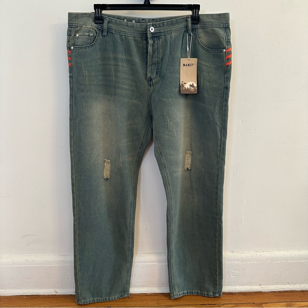 New Manly Button Fly Linen Jeans, Men's Denim, Light Wash, Straight Leg